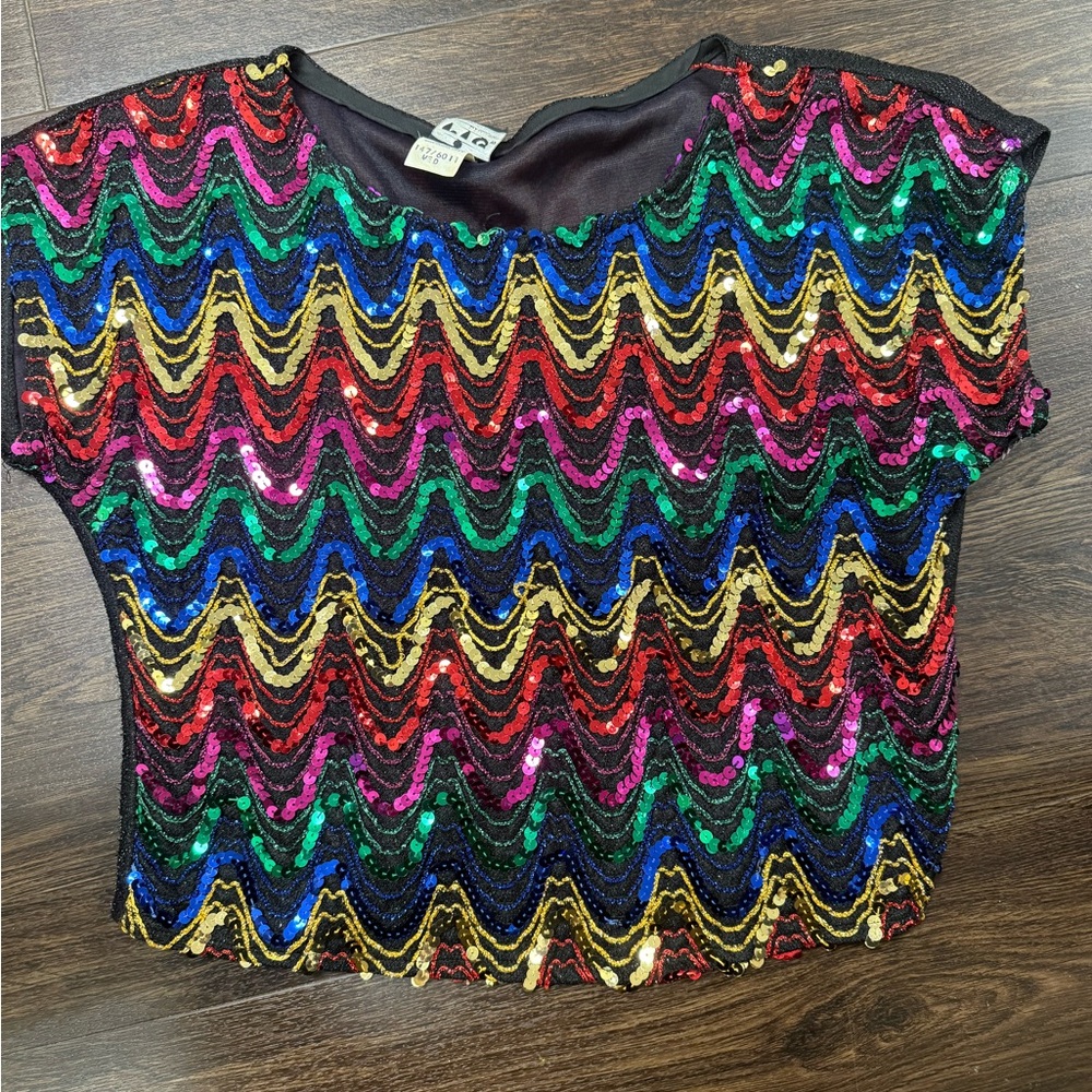 Rare Vintage Rio Blouse Sequin Zig Zag Top - Multicolored Festival Shirt - Med